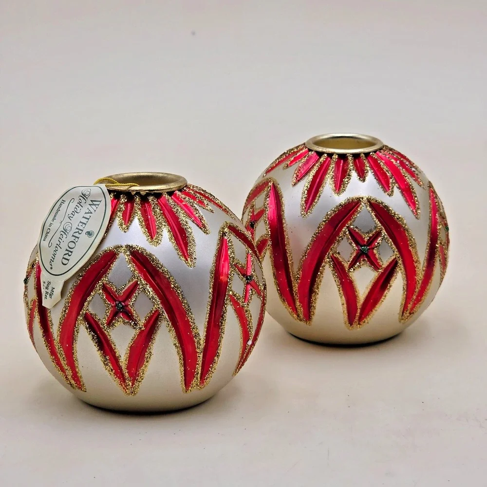 Waterford Holiday Heirlooms Cashel Candlestick Holders Red Green Pair New in Box